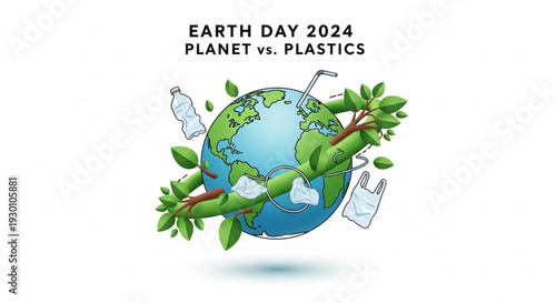 Earth day 2024 planet vs plastics global environmental awareness campaign with earth globe surrounded by green leaves and plastic pollution