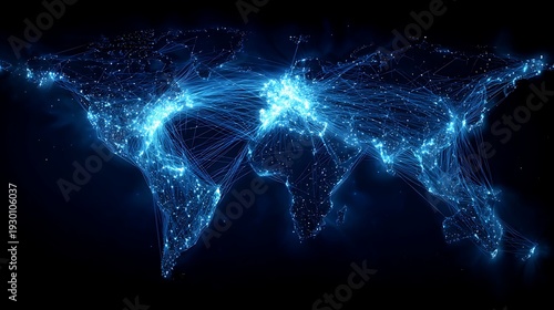 global blockchain shipping network, glowing cargo routes across world map, digital port nodes connected by blockchain grid