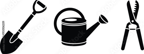 Vector, Illustration, Set, of, Gardening, Tools, Silhouettes, for, Agriculture, Identity, Branding, Professional, Graphic, Design, Projects, Collection, Elements, Nature, Equipment, Farm, Shovel, Pot