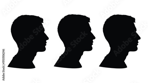 Three black silhouettes of men's heads in profile isolated on white background, Vector