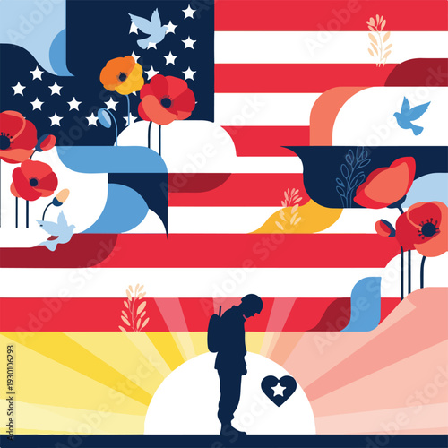 Illustration of a soldier, flag, and poppies, a tribute to the fallen
