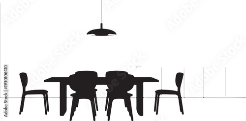Black silhouette of dining table and chairs with hanging light