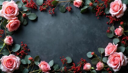 Pink roses and red berries with eucalyptus leaves form border on dark surface. Flat lay top view composition provides copy space for text. Elegant natural arrangement suitable for invitations.