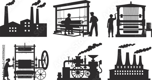 Vector, Illustration, Set, of, Industrial, Factory, and, Textile, Machine, Silhouettes, for, Manufacturing, 