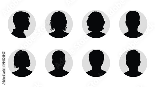 A group of eight black silhouettes of people's heads isolated on white background, Vector