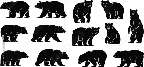 Vector, Illustration, Set, of, Large, Bear, Silhouettes, for, Wildlife, Identity, Branding, Professional, Graphic, Design, Projects, Collection, Elements, Nature, Animal, Grizzly, Forest, Art, Wild