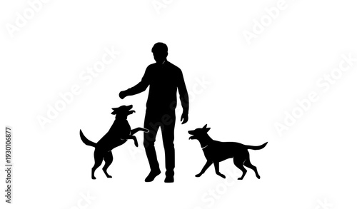 Person playing with dogs silhouette vector set showing joyful outdoor pet interaction and human animal companionship