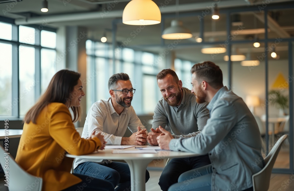 custom made wallpaper toronto digitalTeam of four colleagues sit at modern office table discussing project plans. Diverse group communicates ideas, smiles, plans work strategy. Men and woman collaborate at workplace.