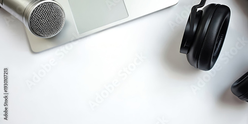 Microphone and headphones on laptop. Modern audio equipment for recording sound podcasting or music production. Isolated objects on white table.