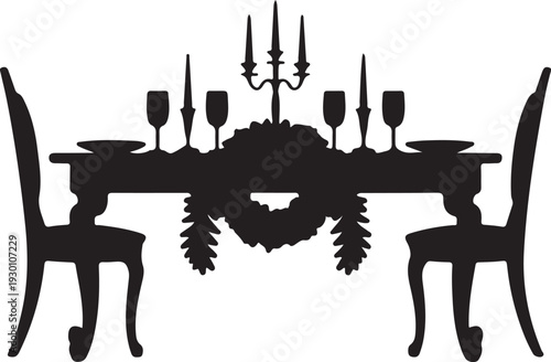 Black silhouette of dining table with chairs and candelabra