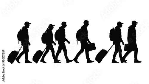 A series of silhouetted travelers walking in a line isolated on white background, Vector