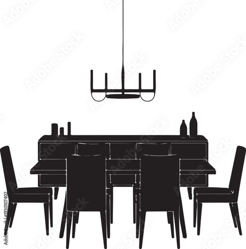 Black silhouette of dining table with chairs and chandelier