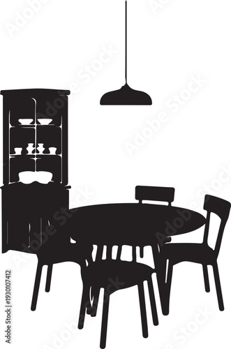 Black silhouette of dining table with chairs and hutch
