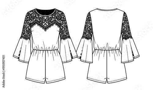 Womens Playsuit Flat Sketch Template with Lace Details and Bell Sleeves Vector