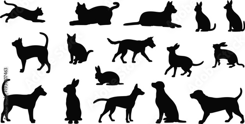 Vector, Illustration, Set, of, Pet, Animal, Silhouettes, for, Veterinary, Identity, Branding, Professional, Graphic, Design, Projects, Collection, Elements, Cat, Dog, 
