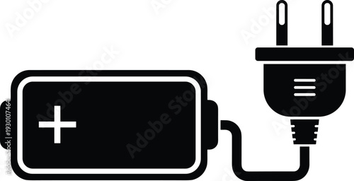 Black and white icon of battery connected to power plug with cable, charging and electricity supply concept for energy storage illustration
