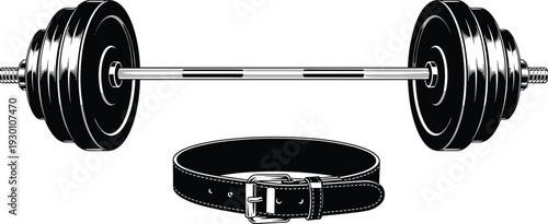 Black and white illustration of barbell with weight plates and supportive weightlifting belt symbolizing strength training, bodybuilding, and fitness safety