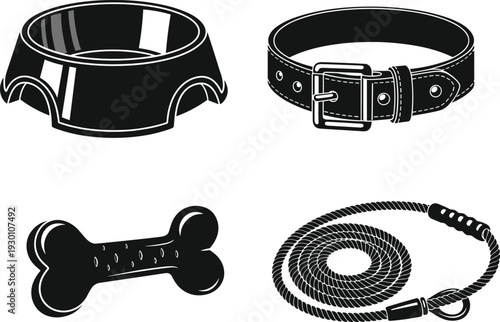 Black and white illustration of dog accessories including bowl, collar, bone chew toy, and coiled leash with clasp handle
