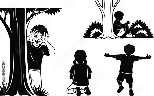 Black and white illustration of children outdoors playing and sitting near trees representing nature, activity, and childhood moments
