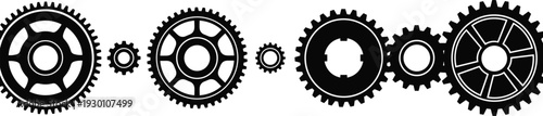 Black and white illustration of interlocking gears in mechanical system, engineering concept showing motion transmission and machinery design artwork