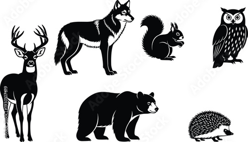 Black and white illustrations of forest animals including deer, wolf, squirrel, owl, bear, and hedgehog for wildlife design