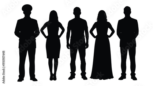 Silhouettes of five people standing in a row isolated on white background, Vector