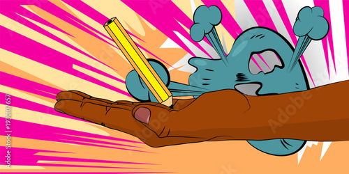 Cartoon, comic book human hands holding Pencil. Retro vector comics pop art design.