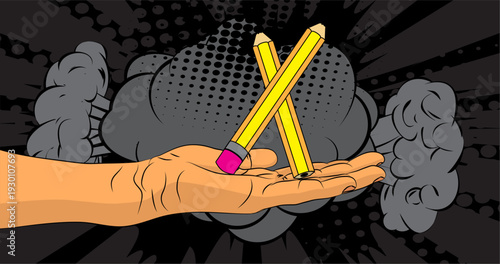 Cartoon, comic book human hands holding Pencil. Retro vector comics pop art design.