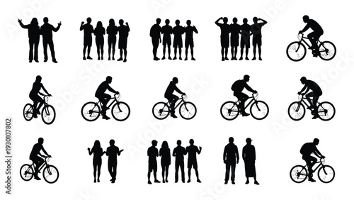 A collection of black silhouettes of people and cyclists isolated on white background, Vector