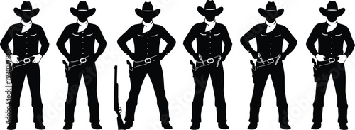 Western Cowboy Silhouettes Collection with Guns and Hats Classic Wild West Characters Isolated on White Background Vector Illustration