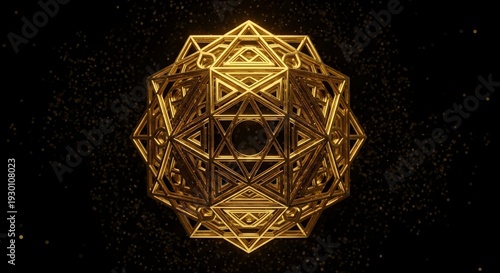 Golden geometric sacred symbol on black background with stars