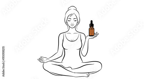 Woman meditating holding a natural oil dropper bottle for holistic wellness and beauty ritual