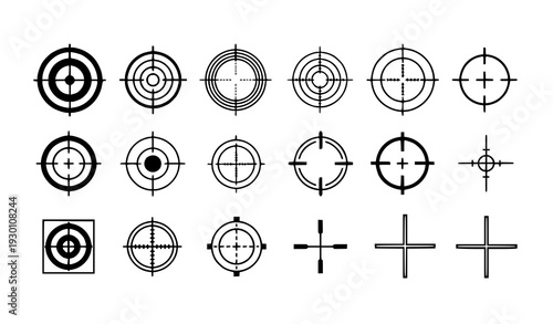 A collection of various target icons and crosshair symbols in black and white
