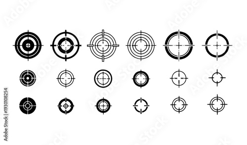 A set of black and white target icons in various designs and styles