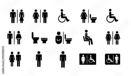 A set of black and white vector icons depicting various bathroom and toilet signs