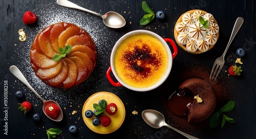 Delicious dessert spread with creme brulee cakes and fruits on a dark table