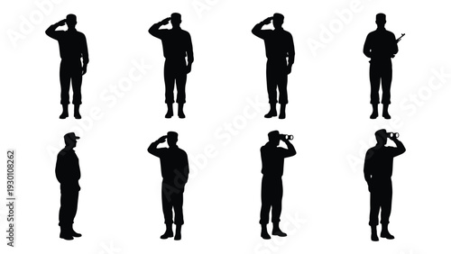 Silhouettes of people saluting in various positions isolated on white background, Vector
