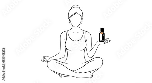 Serene woman in meditation posture holding an essential oil bottle for holistic aromatherapy and