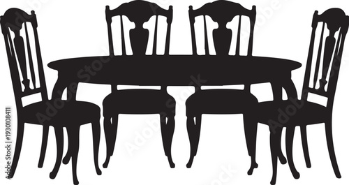 Black silhouette of dining table with five chairs furniture