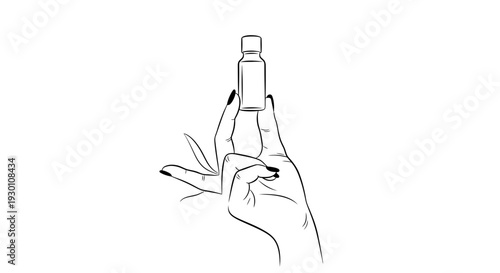 Precise line art of a feminine hand gently holding a small product vial showcasing elegance