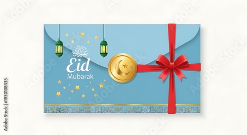 Eid mubarak greeting card with lanterns and golden decorations
