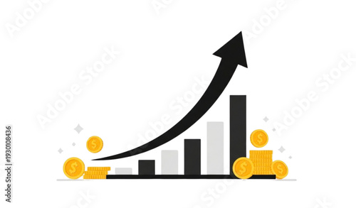 A vector graphic illustration of a growing business chart with coins and an upward arrow