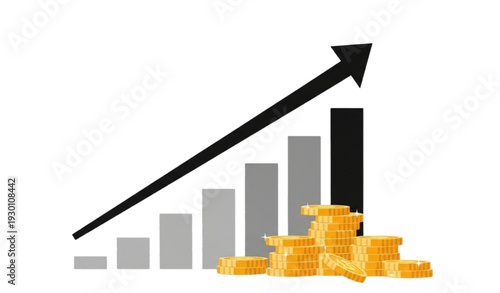 A vector graphic illustration of a growing bar chart with gold coins