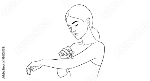 Illustration of a young woman gently moisturizing her arm with a drop of skin care product for