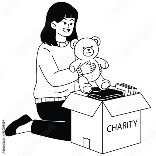 Charity Illustration. Vector illustration of Woman organizing donated toys and books into charity box for community support and social care campaign. Isolated on background