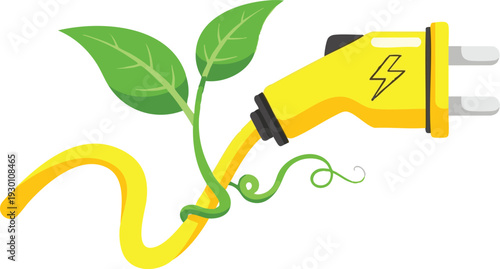 Flat vector illustration of an electric car charging plug in bright yellow with a vibrant green leaf sprout for sustainable energy.