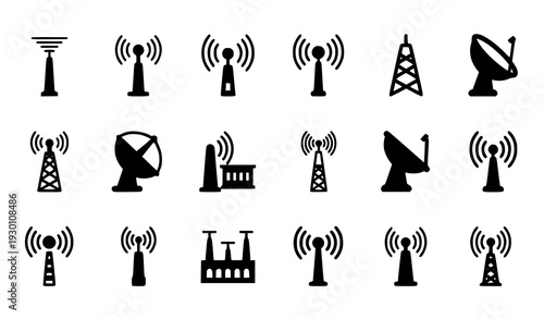 A set of black and white vector icons depicting various communication towers and satellite dishes