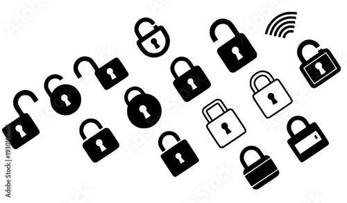 A collection of padlocks and a Wi-Fi symbol in a vector graphic design