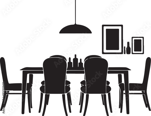 Black silhouette of dining table with four chairs and decor