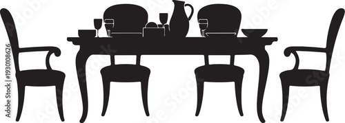 Black silhouette of dining table with four chairs and dishes